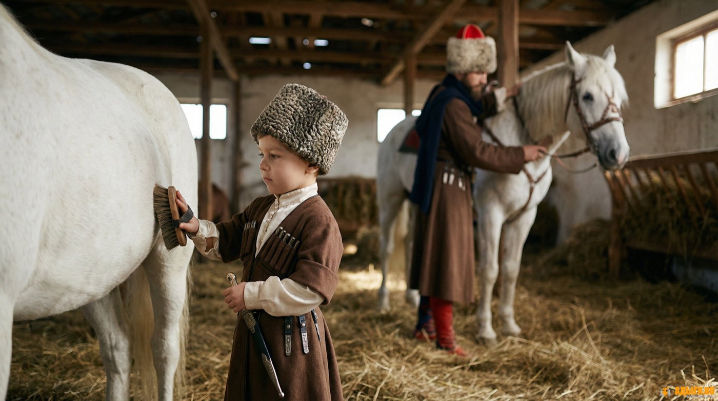 Воспитанник аталыка чистит белую лошадь.